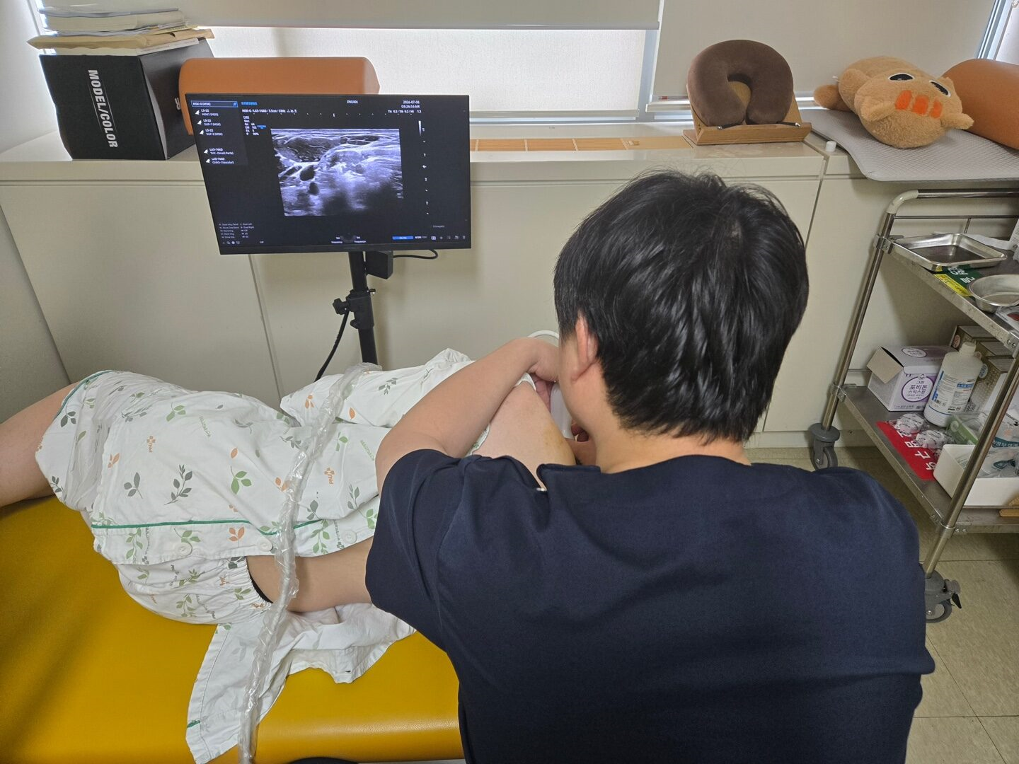 황의형 교수가 초음파 영상을 보며 환자의 어깨 부위를 시술하는 모습